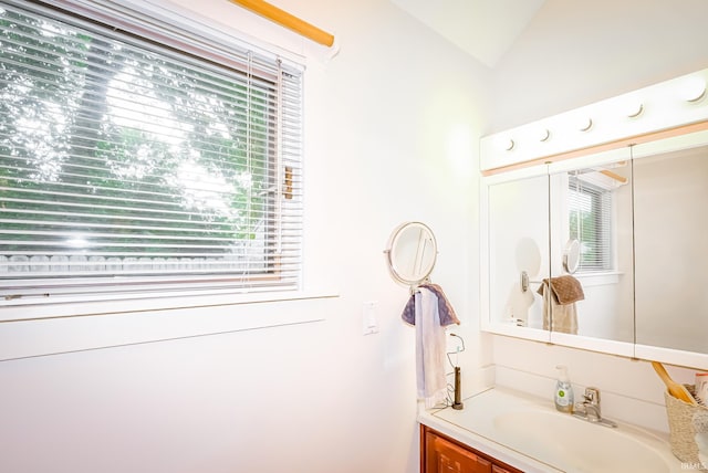 2910 W Devon Rd, Muncie, IN 47304 - bathroom with healthy amount of natural light, vanity, and vaulted ceiling