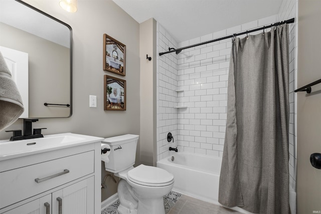 9129 Winchester Rd, Fort Wayne, IN 46819 - bathroom with toilet, shower / bath combination with curtain, vanity, tile patterned flooring, and baseboards