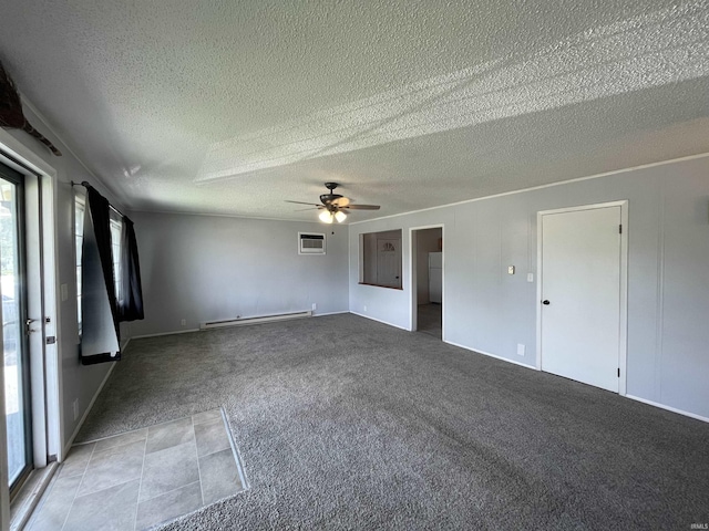 304 E 26th St, Muncie, IN 47302 - carpeted spare room with a baseboard heating unit, a wall mounted air conditioner, a textured ceiling, a ceiling fan, and baseboards