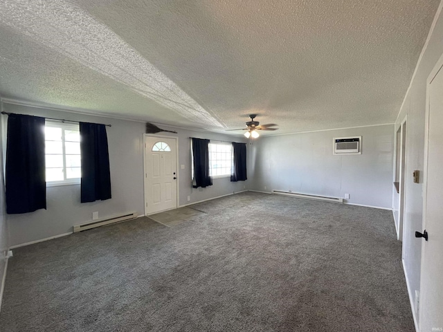 304 E 26th St, Muncie, IN 47302 - unfurnished room with baseboard heating, a textured ceiling, ceiling fan, a wall mounted AC, and carpet floors