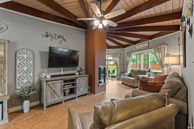 61560 Druid Ln, South Bend, IN 46614 - living room featuring wood ceiling, light tile patterned flooring, a brick fireplace, and ceiling fan