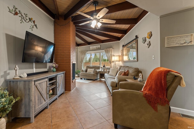 61560 Druid Ln, South Bend, IN 46614 - living area with wood ceiling with exposed beams, ceiling fan, and light tile patterned flooring