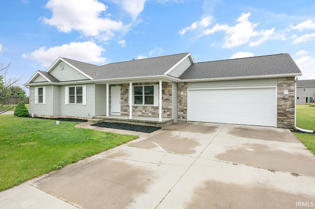 18310 Gyr Ct, New Paris, IN 46553 - ranch-style house with a garage, driveway, stone siding, covered porch, and a front lawn