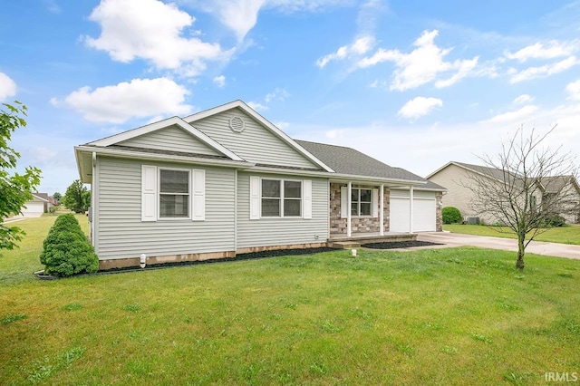 18310 Gyr Ct, New Paris, IN 46553 - ranch-style house with driveway, a garage, and a front lawn