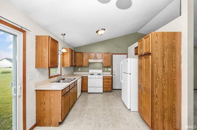 18310 Gyr Ct, New Paris, IN 46553 - kitchen with white appliances, a sink, under cabinet range hood, light countertops, and healthy amount of natural light