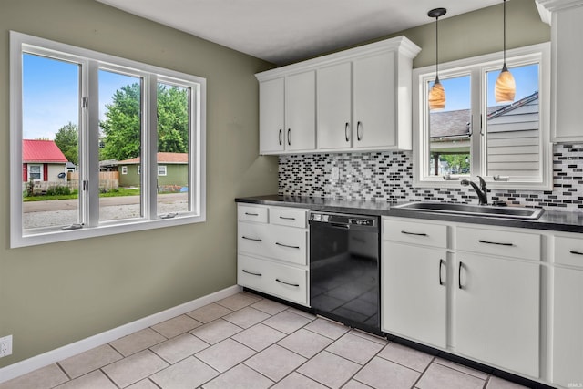 614 E S B St, Gas City, IN 46933 - kitchen with dishwasher, a sink, dark countertops, tasteful backsplash, and white cabinetry