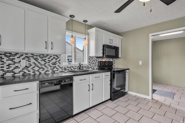 614 E S B St, Gas City, IN 46933 - kitchen featuring black appliances, a sink, dark countertops, a ceiling fan, and tasteful backsplash