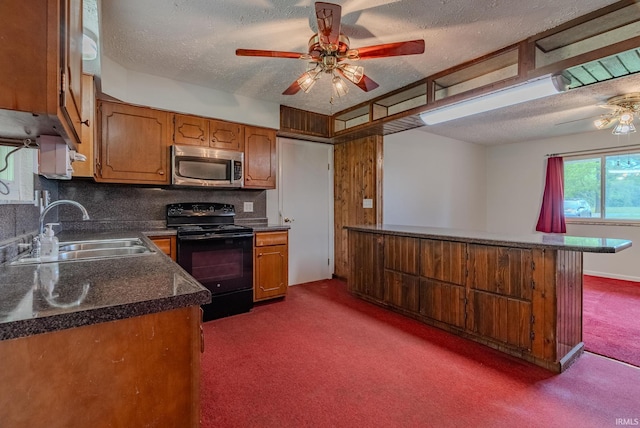1113 E 500 S, Wabash, IN 46992 - kitchen featuring stainless steel microwave, electric range, a sink, dark carpet, and ceiling fan