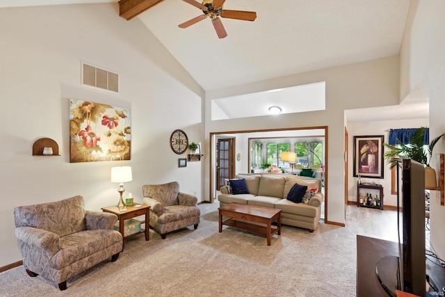 5816 Bayside Dr, Fort Wayne, IN 46815 - living room featuring high vaulted ceiling, light colored carpet, beamed ceiling, ceiling fan, and baseboards