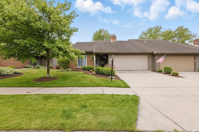 5816 Bayside Dr, Fort Wayne, IN 46815 - view of front facade featuring a chimney, concrete driveway, a garage, and a front lawn