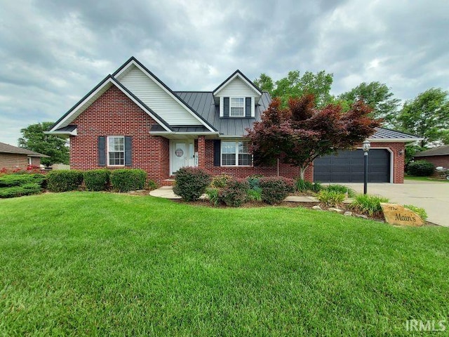 1749 W 1st St, Jasper, IN 47546 - traditional-style home featuring brick siding, concrete driveway, a front yard, an attached garage, and a standing seam roof