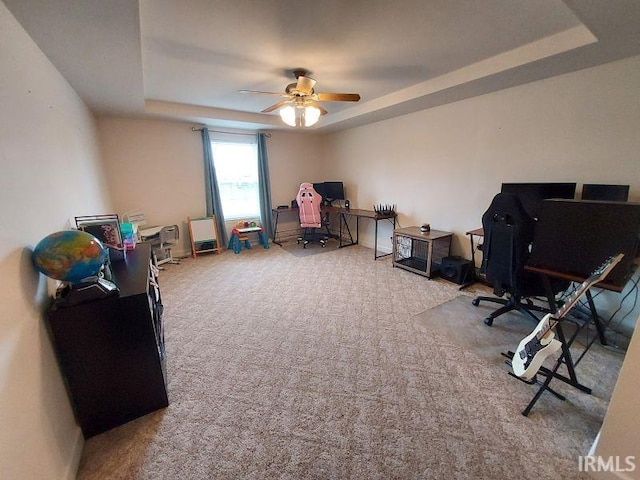 1749 W 1st St, Jasper, IN 47546 - home office featuring a raised ceiling, ceiling fan, and carpet