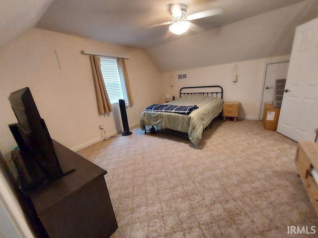 1749 W 1st St, Jasper, IN 47546 - bedroom with vaulted ceiling, baseboards, light carpet, and a ceiling fan