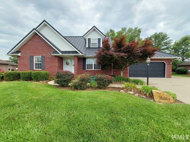 1749 W 1st St, Jasper, IN 47546 - traditional-style house featuring a standing seam roof, brick siding, concrete driveway, a front yard, and metal roof