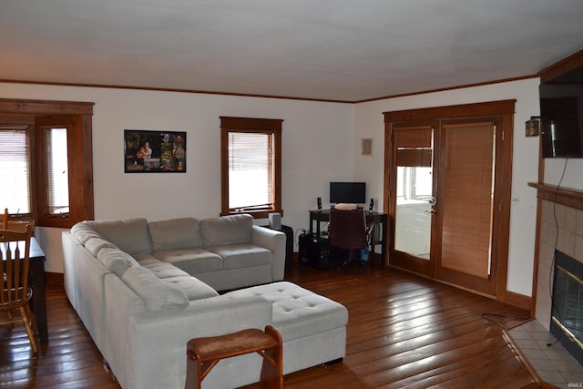 523 S Bluff St, Monticello, IN 47960 - living room with dark wood-type flooring, plenty of natural light, a fireplace, and crown molding