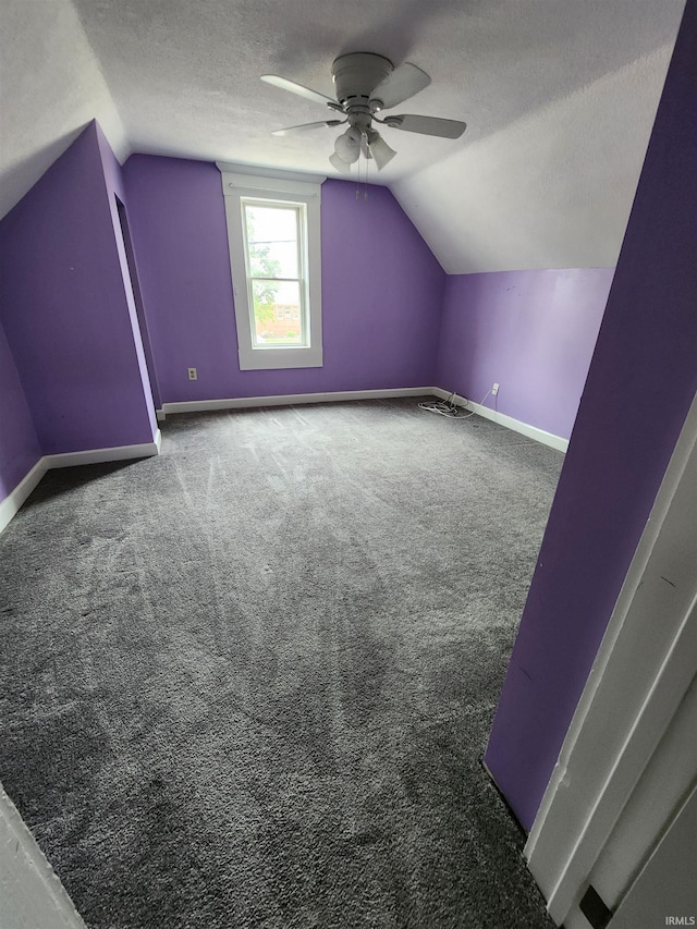 206 S Van Buren St, Monroe, IN 46772 - additional living space with vaulted ceiling, a textured ceiling, ceiling fan, carpet flooring, and baseboards