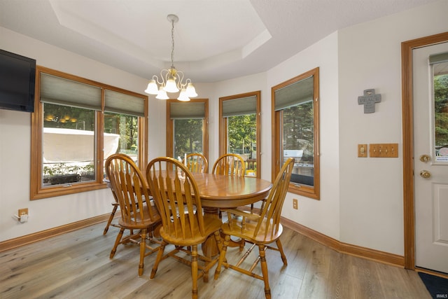 6615 Cherry Hill Pkwy, Fort Wayne, IN 46835 - dining area featuring light wood-style floors, a chandelier, a raised ceiling, and baseboards