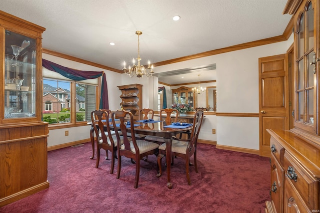 6615 Cherry Hill Pkwy, Fort Wayne, IN 46835 - dining area featuring a chandelier, dark colored carpet, baseboards, crown molding, and a textured ceiling