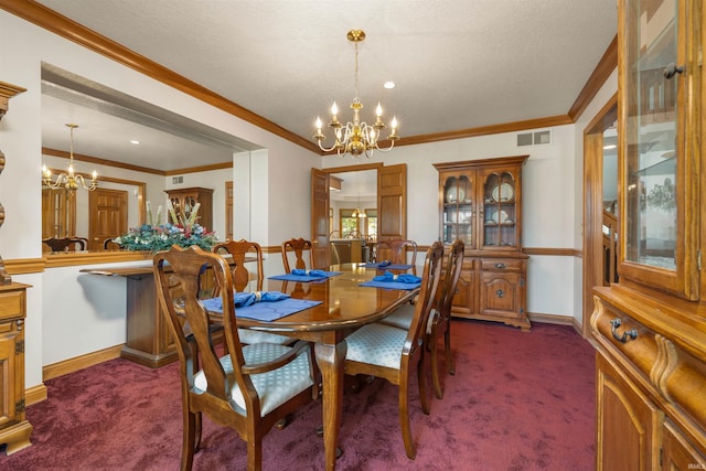 6615 Cherry Hill Pkwy, Fort Wayne, IN 46835 - dining area featuring a chandelier, dark carpet, ornamental molding, baseboards, and a textured ceiling