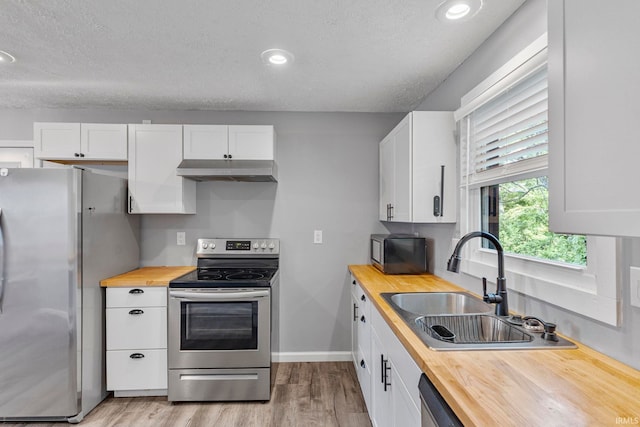340 W Turner St, Bloomfield, IN 47424 - kitchen with wood counters, appliances with stainless steel finishes, under cabinet range hood, a sink, and light wood finished floors