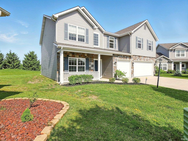 13395 Synch Ct, Fort Wayne, IN 46814 - view of front of house featuring a porch, an attached garage, driveway, a front yard, and stone siding