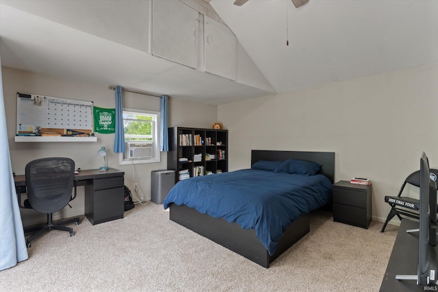 2527 Woodmont Dr, South Bend, IN 46614 - bedroom with carpet floors, vaulted ceiling, a desk, a ceiling fan, and cooling unit