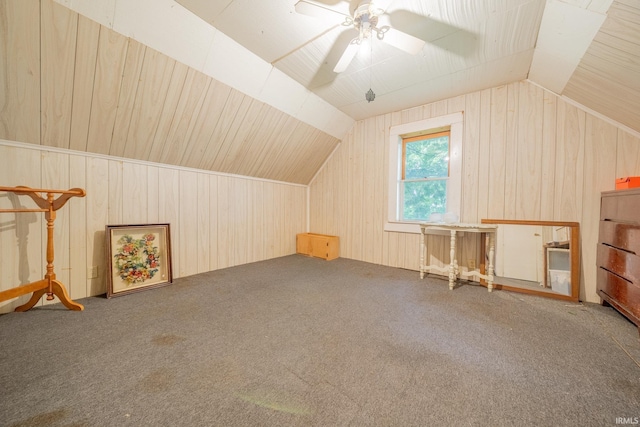 5528 N 250 W Unit 27, Lafontaine, IN 46940 - additional living space with lofted ceiling, carpet flooring, wooden walls, and a ceiling fan