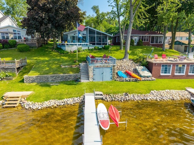 620 Ln 330 Big Otter Lk, Fremont, IN 46737 - dock featuring a water view, stairs, and a yard