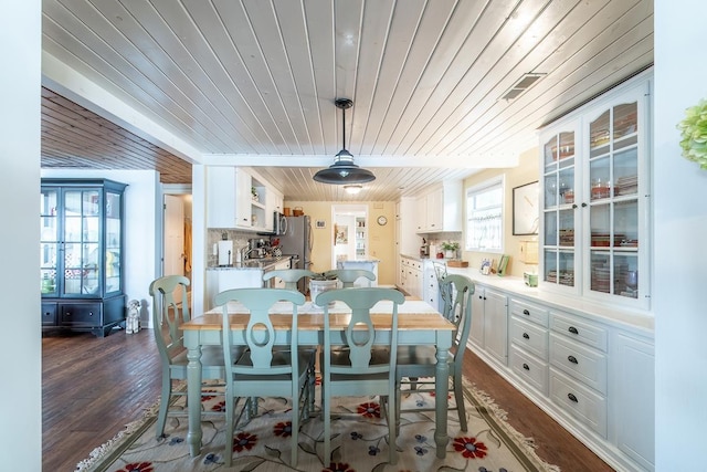 620 Ln 330 Big Otter Lk, Fremont, IN 46737 - dining space featuring wood ceiling and dark wood-type flooring