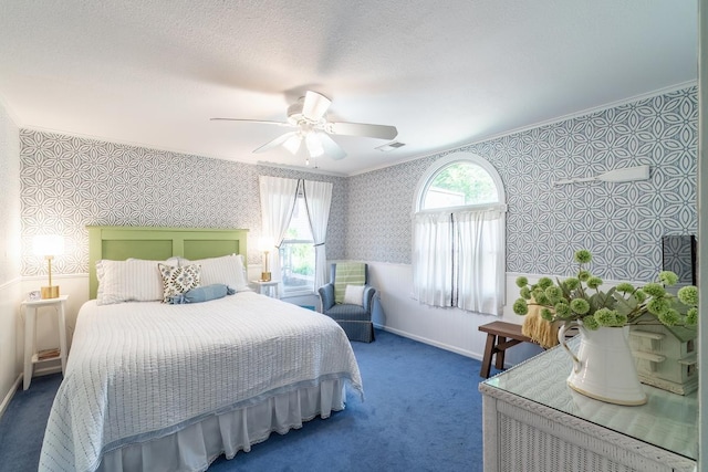620 Ln 330 Big Otter Lk, Fremont, IN 46737 - carpeted bedroom with wallpapered walls, ornamental molding, baseboards, and a ceiling fan