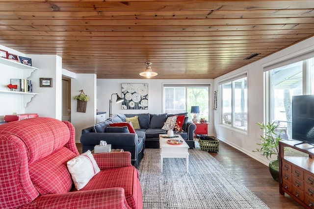 620 Ln 330 Big Otter Lk, Fremont, IN 46737 - living area with dark wood-style flooring, wooden ceiling, and baseboards