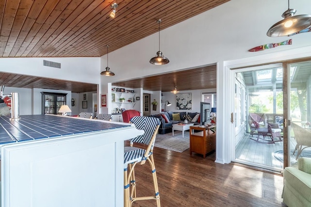 620 Ln 330 Big Otter Lk, Fremont, IN 46737 - dining room with wooden ceiling, dark wood-style floors, french doors, and high vaulted ceiling