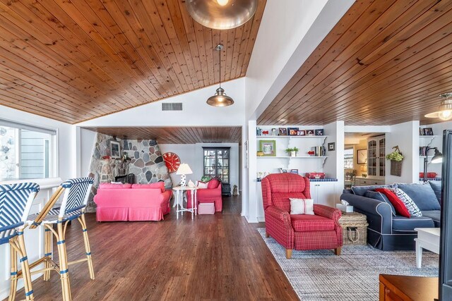 620 Ln 330 Big Otter Lk, Fremont, IN 46737 - living area featuring wooden ceiling, wood finished floors, and lofted ceiling