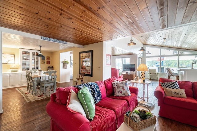 620 Ln 330 Big Otter Lk, Fremont, IN 46737 - living area featuring wooden ceiling, lofted ceiling, and wood finished floors