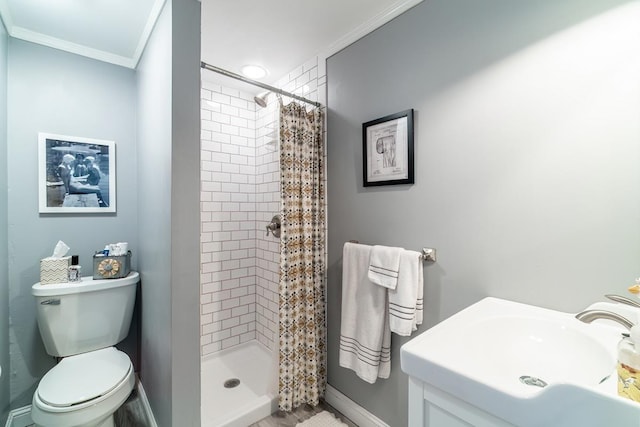 620 Ln 330 Big Otter Lk, Fremont, IN 46737 - full bathroom featuring crown molding, baseboards, a shower stall, toilet, and vanity