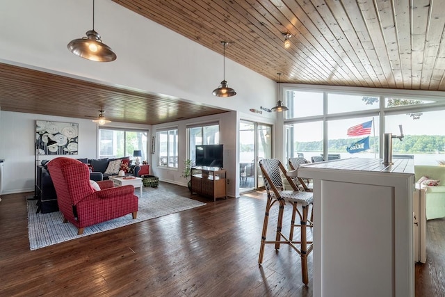 620 Ln 330 Big Otter Lk, Fremont, IN 46737 - living room with wooden ceiling, dark wood-style flooring, and high vaulted ceiling