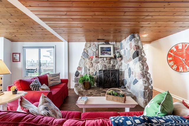 620 Ln 330 Big Otter Lk, Fremont, IN 46737 - living area featuring wooden ceiling, wood finished floors, and a fireplace
