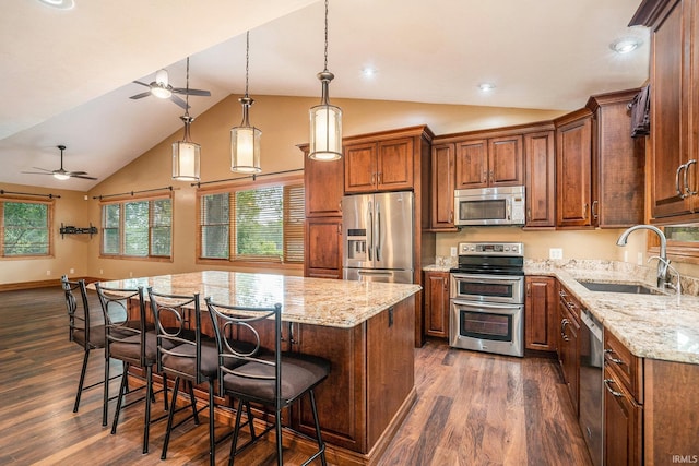 10227 Jefferson Rd, Osceola, IN 46561 - kitchen featuring appliances with stainless steel finishes, a sink, vaulted ceiling, a ceiling fan, and dark wood-type flooring