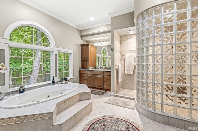 1411 Santanna Dr, Lafayette, IN 47905 - full bath featuring vanity, walk in shower, ornamental molding, a whirlpool tub, and tile patterned flooring