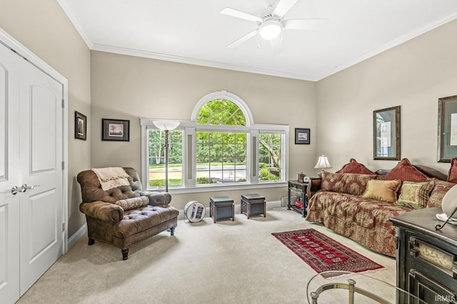1411 Santanna Dr, Lafayette, IN 47905 - carpeted living area featuring crown molding, a ceiling fan, and baseboards