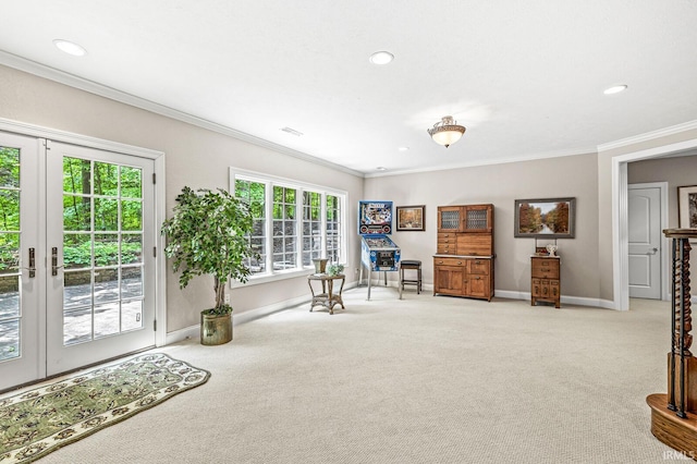 1411 Santanna Dr, Lafayette, IN 47905 - sitting room with light carpet, baseboards, ornamental molding, recessed lighting, and french doors