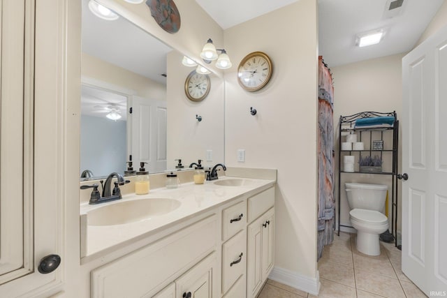 4906 N 100 W, Uniondale, IN 46791 - full bathroom with toilet, double vanity, tile patterned flooring, baseboards, and a ceiling fan