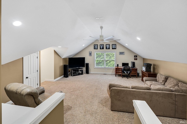 4906 N 100 W, Uniondale, IN 46791 - living area with ceiling fan, light colored carpet, vaulted ceiling, recessed lighting, and baseboards