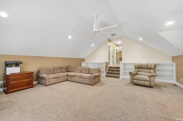 4906 N 100 W, Uniondale, IN 46791 - living room with carpet flooring, ceiling fan, vaulted ceiling, recessed lighting, and baseboards