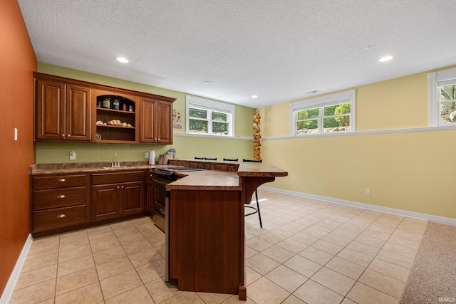 4906 N 100 W, Uniondale, IN 46791 - kitchen featuring a breakfast bar, a peninsula, stainless steel range with electric cooktop, healthy amount of natural light, and a textured ceiling
