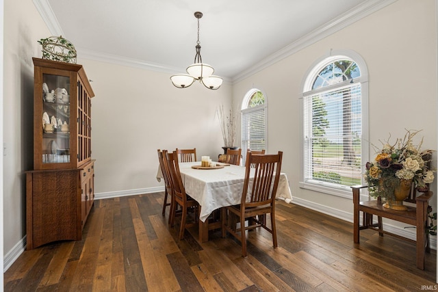 4906 N 100 W, Uniondale, IN 46791 - dining area with a chandelier, dark wood-style floors, crown molding, and baseboards