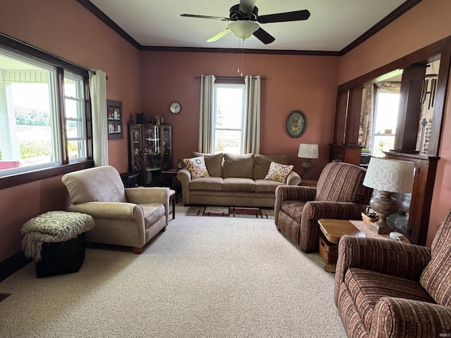 3151 W 150 N, Logansport, IN 46947 - living area featuring carpet floors, plenty of natural light, crown molding, and a ceiling fan