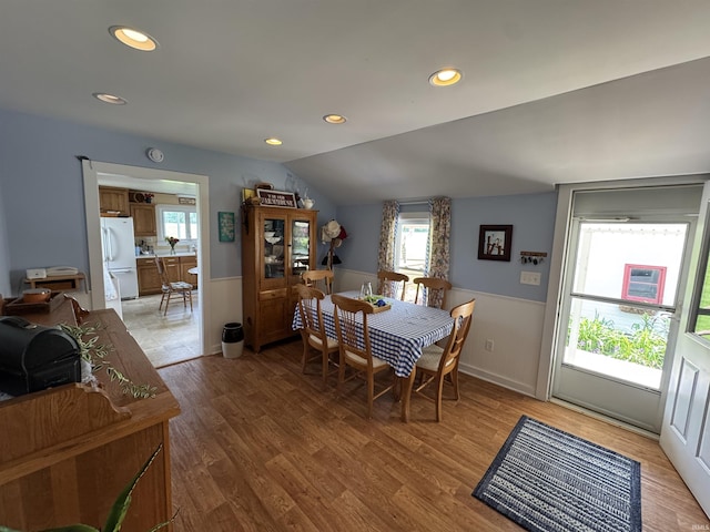 3151 W 150 N, Logansport, IN 46947 - dining room with a wainscoted wall, lofted ceiling, light wood-style floors, and recessed lighting