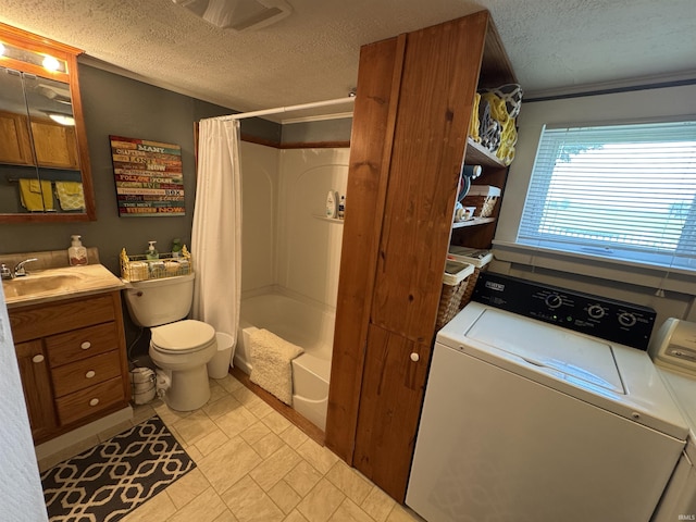 3151 W 150 N, Logansport, IN 46947 - bathroom with washer / dryer, a textured ceiling, vanity, toilet, and shower / tub combo
