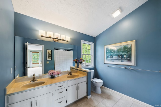 51803 Foxdale Ln, Granger, IN 46530 - full bath with a textured ceiling, vaulted ceiling, double vanity, toilet, and plenty of natural light